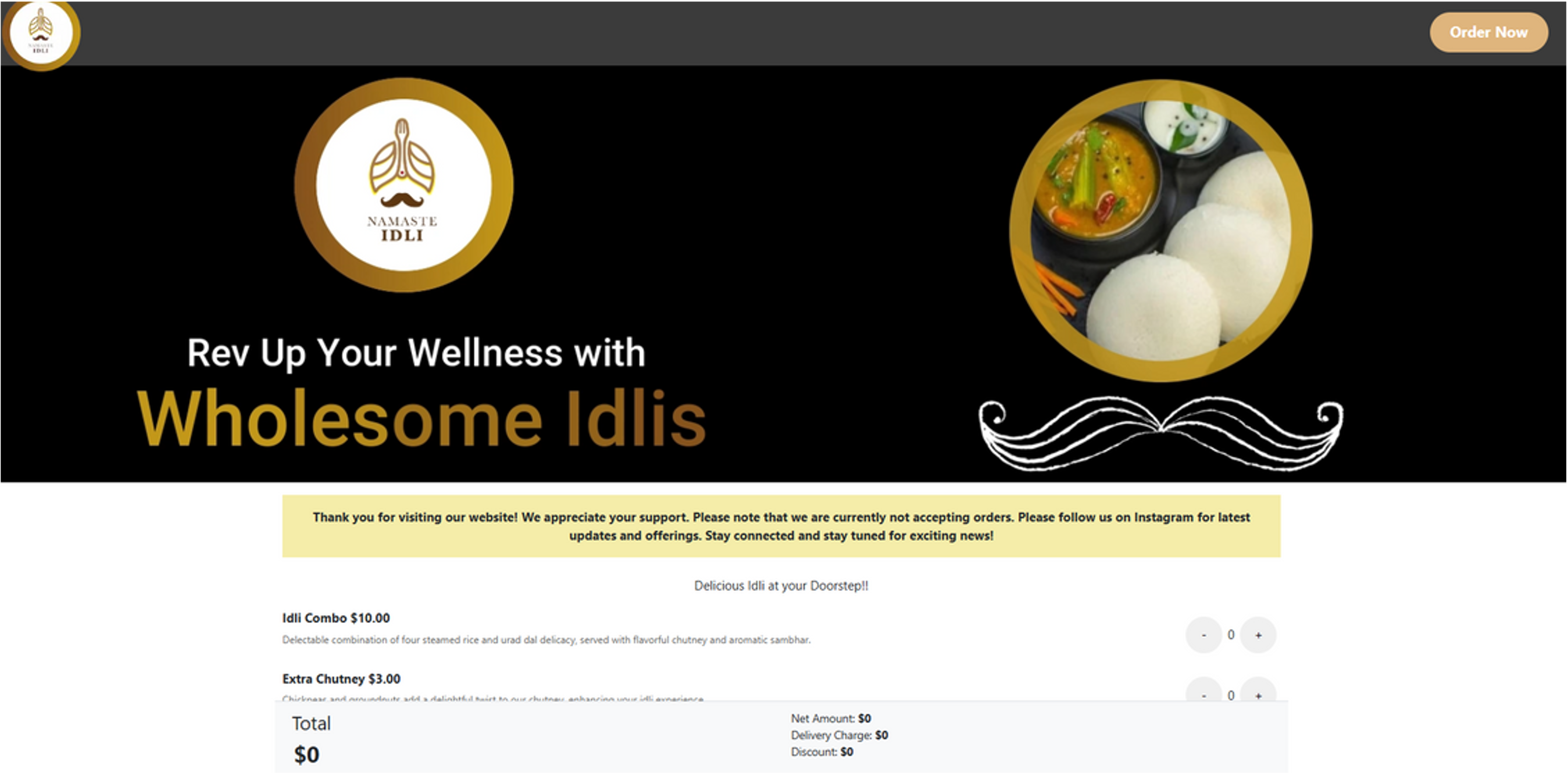 Namaste Idli Website Homepage